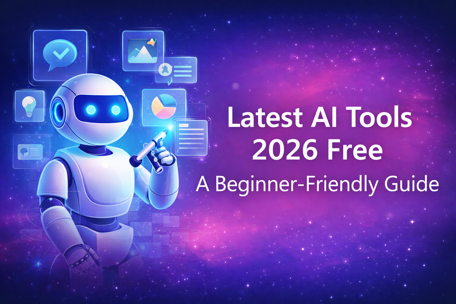 Latest AI tools 2026 free feature image showing a futuristic robot using AI technology with digital icons and beginner-friendly guide text
